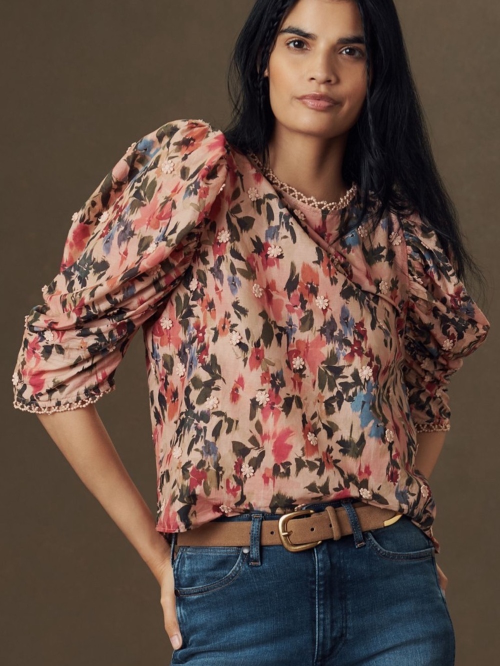 Anthropologie & Farm Rio Floral Puff-Sleeve Blouse in Blush Pink NWT